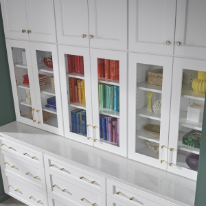 YorkWhite a cabinet bookshelf with a rainbow of books on it